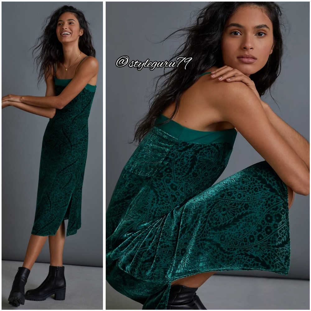 NWT, Anthropologie, Aria Burnout Velvet Slip Dress In GREEN